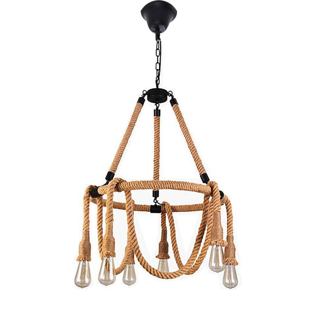 Lampadario a sospensione con corda in canapa vintage 6 portalampada E27 lampada country retro pendente arredamento rustico - enzoled