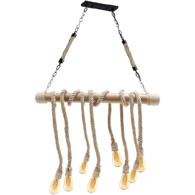 Lampadario a sospensione con corda in canapa vintage 8 portalampada E27 lampada country retro in legno di bamboo - enzoled