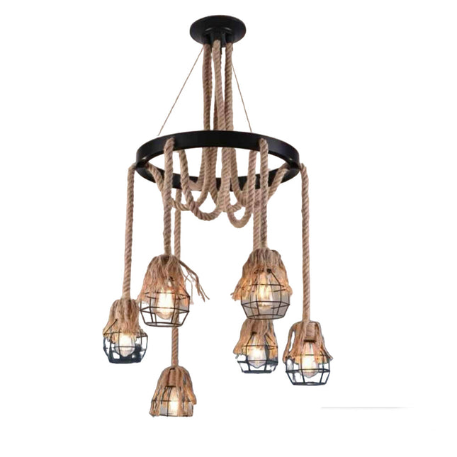 Lampadario a sospensione con corde in canapa e metallo vintage 6 portalampada lampada rustica retrò country E27 - enzoled