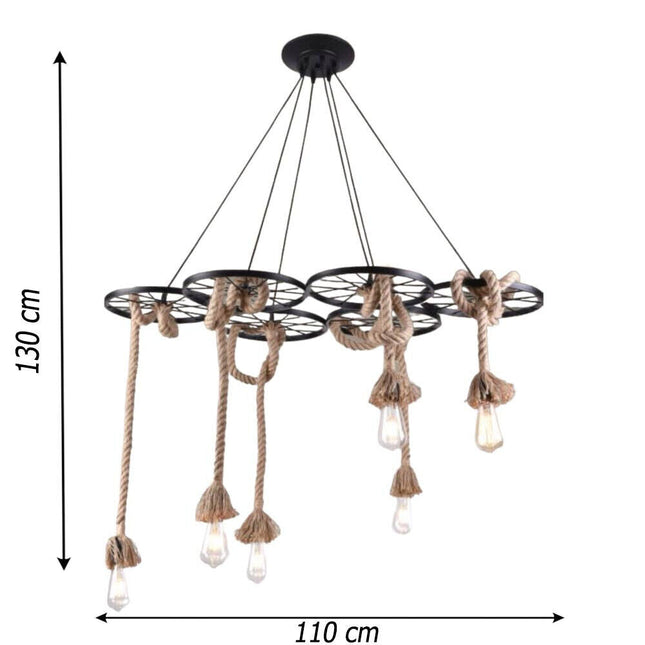 Lampadario a sospensione con corde in canapa vintage 6 portalampada lampada rustica retrò country E27 - enzoled