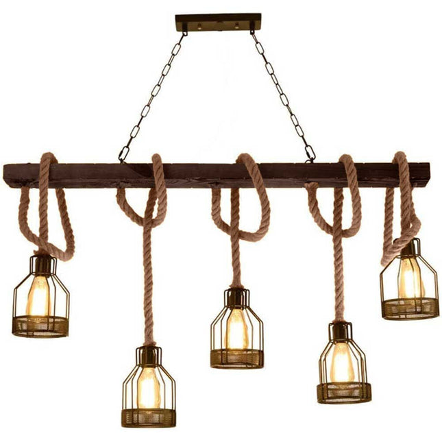 Lampadario a sospensione in legno 5 portalampada in corda di canapa e metallo lampada da tavolo da cucina vintage country E27 - enzoled