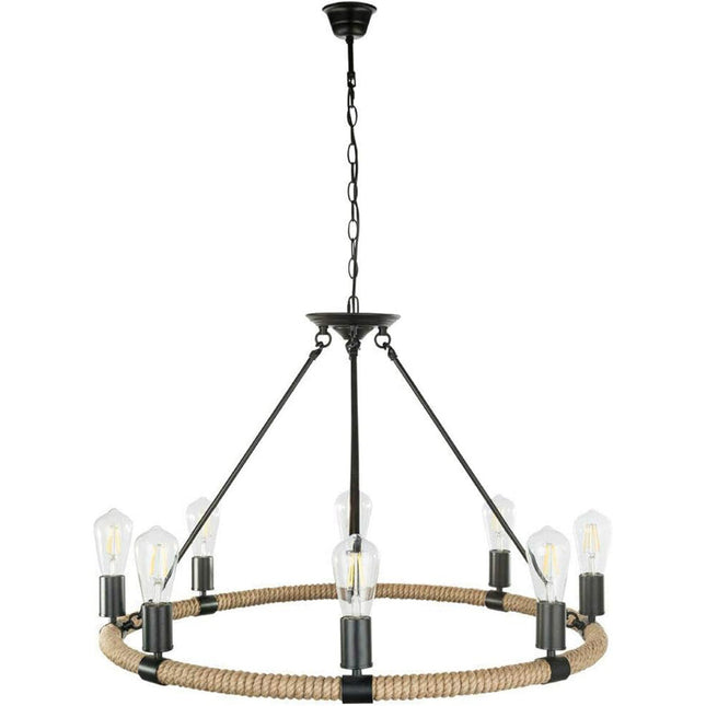Lampadario rotondo con corda in canapa vintage 6 portalampada E27 lampada country retro stile industriale - enzoled