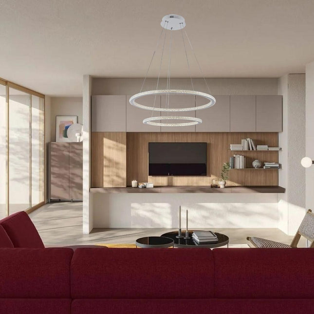 Lampadario Led 51 watt lampada a sospensione bianca 2 anelli con cristalli in acrilico luce fredda 6500k calda 3000k naturale 4000k - enzoled