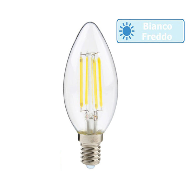 Lampadina in vetro a led a filamento 4 watt candela E14 luce fredda 6500k calda 3000k naturale 4000k - enzoled