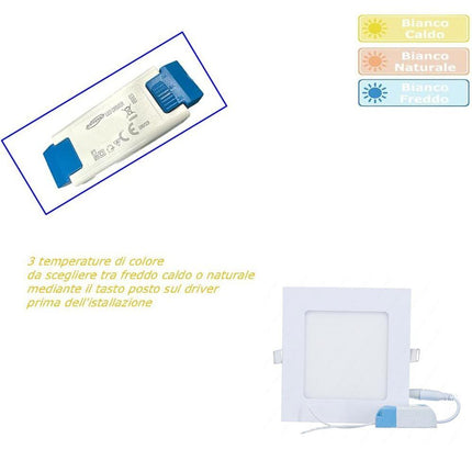 Pannello led incasso quadrato slim plafoniera 3 6 12 18 24 watt cct tre colorazione di luce fredda calda naturale selezionabile - enzoled