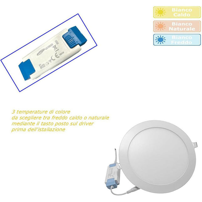 Pannello led incasso rotondo slim plafoniera 3 6 12 18 20 24 watt cct tre colorazione di luce fredda calda naturale selezionabile - enzoled
