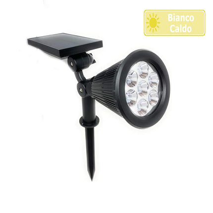 Faretto 7 led picchetto ricaricabile con pannello solare 3 watt faro crepuscolare luce fredda 6500k calda 3000k ip65 - enzoled