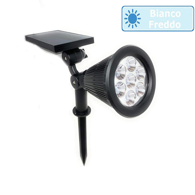 Faretto 7 led picchetto ricaricabile con pannello solare 3 watt faro crepuscolare luce fredda 6500k calda 3000k ip65 - enzoled