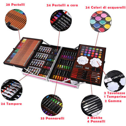 Set valigetta artista 145 pezzi colori pittura per bimbo bimba enzoled