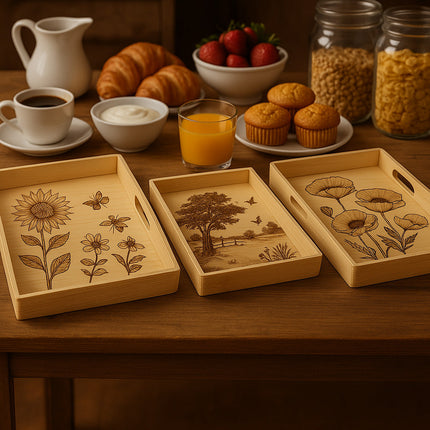 Set 3 vassoi in legno grezzo rettangolari per decoupage con manici enzoled