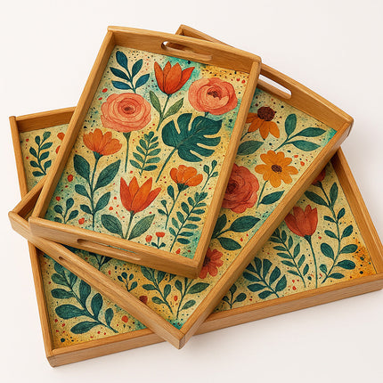 Set 3 vassoi in legno grezzo rettangolari per decoupage con manici enzoled