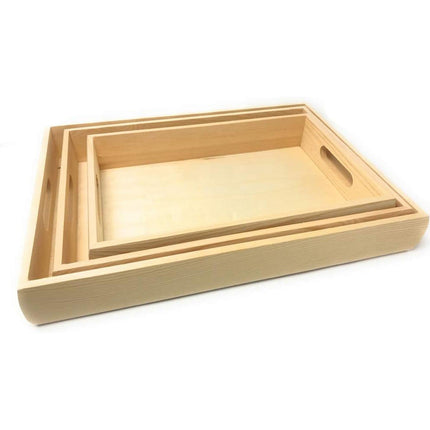 Set 3 vassoi in legno grezzo rettangolari per decoupage con manici enzoled