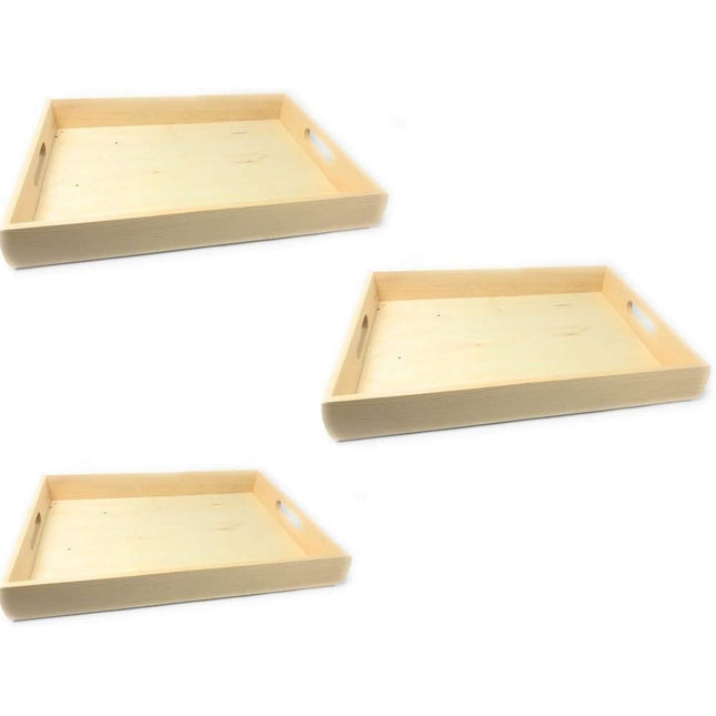 Set 3 vassoi in legno grezzo rettangolari per decoupage con manici enzoled