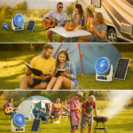 Ventilatore con pannello solare 2 velocità power banck e lampadine enzoled