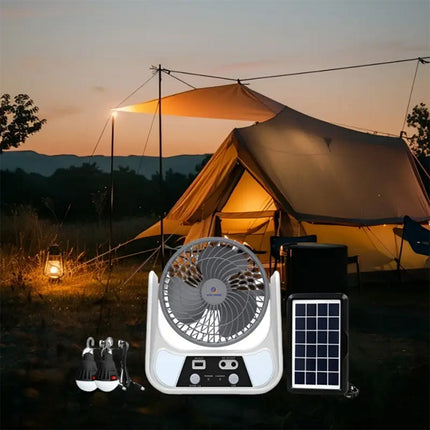 Ventilatore con pannello solare 2 velocità power banck e lampadine enzoled